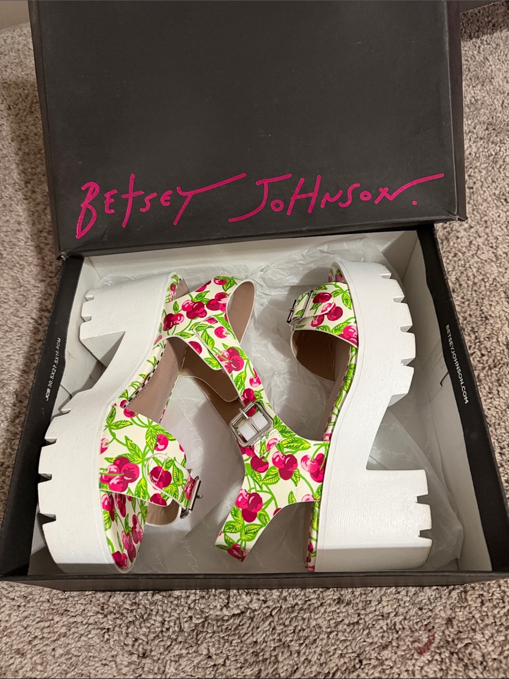 Betsey Johnson White Platform Sandals with Pink & Green Cherry Print